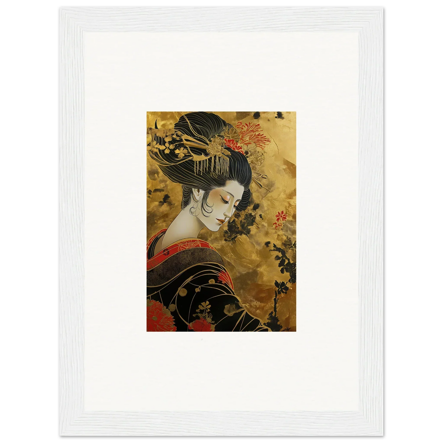 Traditional Japanese artwork of a geisha in ornate dress for Golden Celestial Whispers