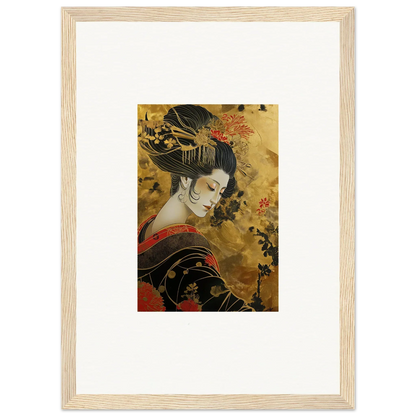 Traditional Japanese artwork of a geisha in black and red kimono for Golden Celestial Whispers