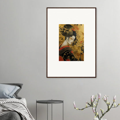 Framed Japanese geisha artwork with gold background in Golden Celestial Whispers