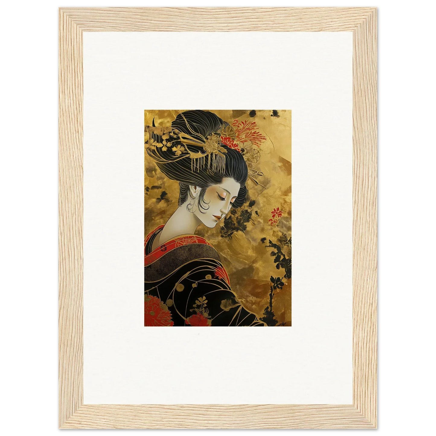 Traditional Japanese Geisha in kimono with golden background, part of Golden Celestial Whispers