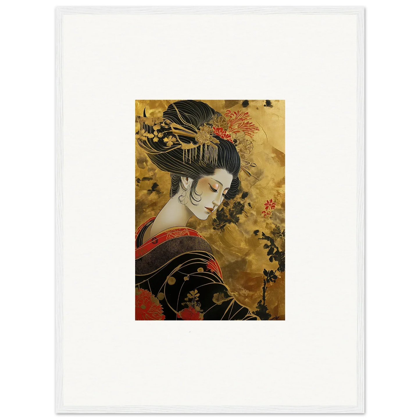 Traditional Japanese artwork of a geisha in ornate kimono for Golden Celestial Whispers