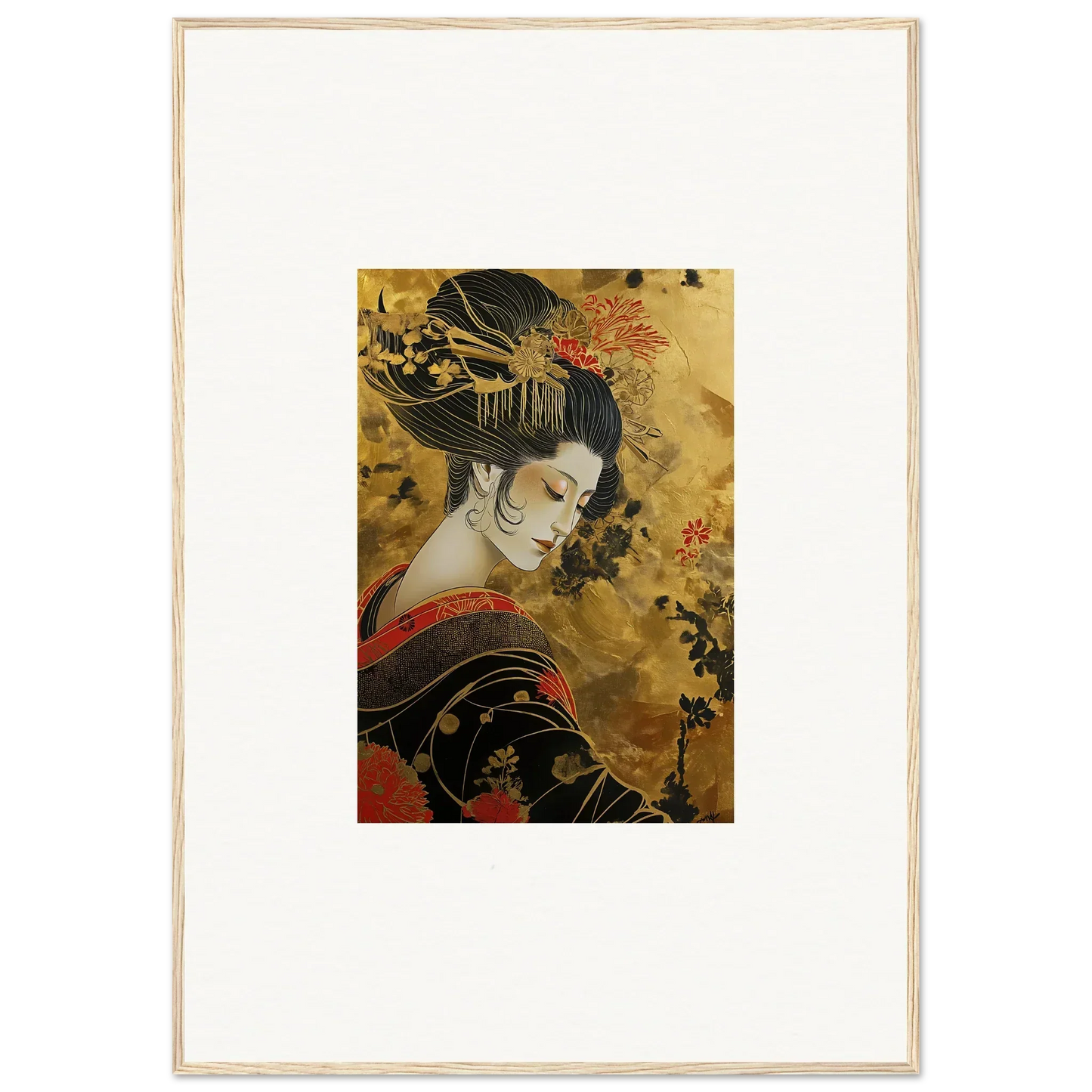 Traditional Japanese artwork of a geisha in a kimono for Golden Celestial Whispers