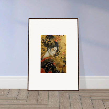 Framed Japanese ukiyo-e print of a geisha in traditional dress for Golden Celestial Whispers