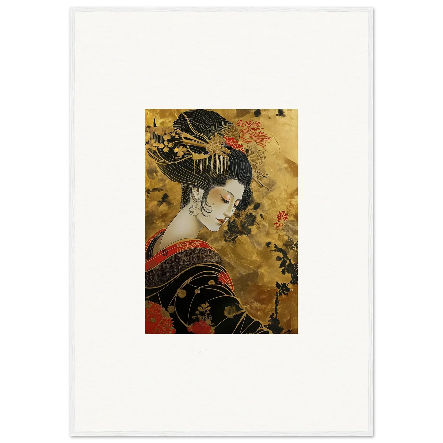 Traditional Japanese woodblock print of a geisha in ornate black kimono for Golden Celestial Whispers