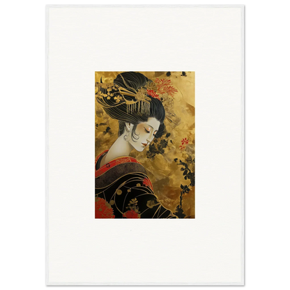 Traditional Japanese woodblock print of a geisha in ornate black kimono for Golden Celestial Whispers