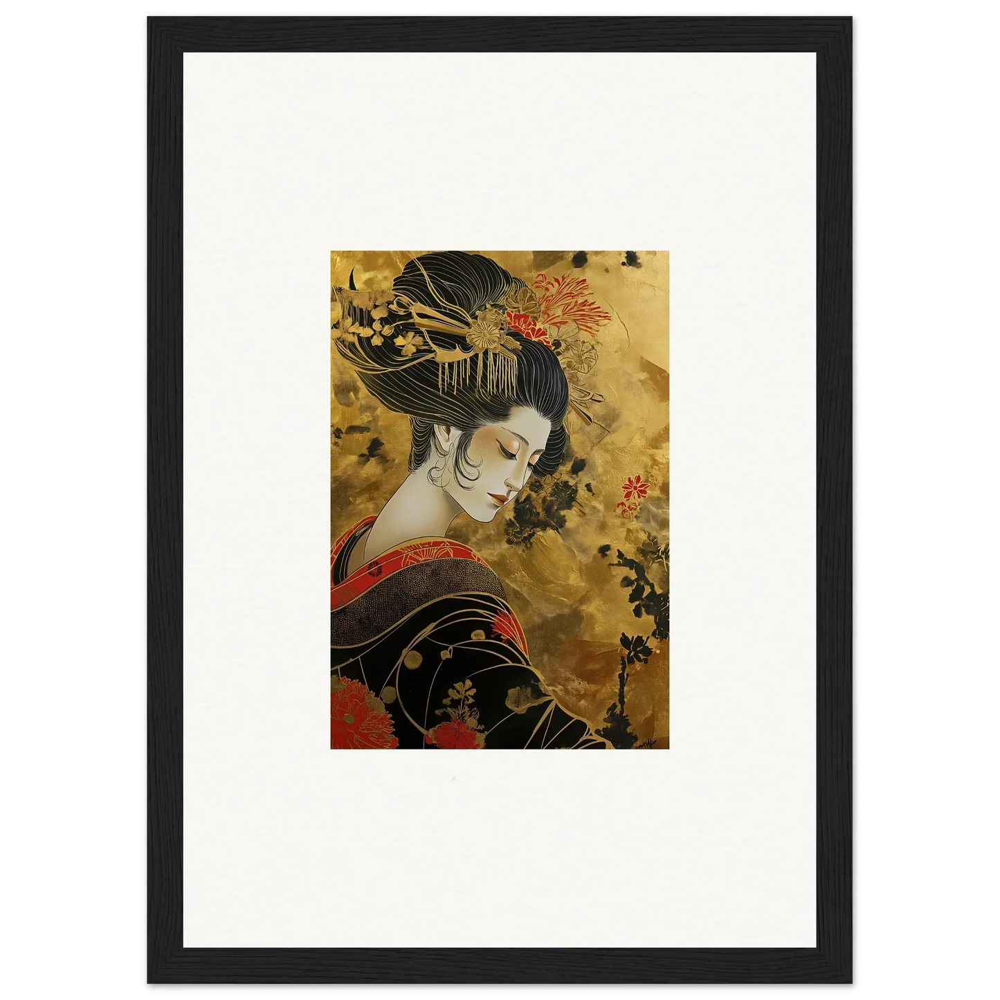 Traditional Japanese artwork of a geisha in an ornate kimono for Golden Celestial Whispers