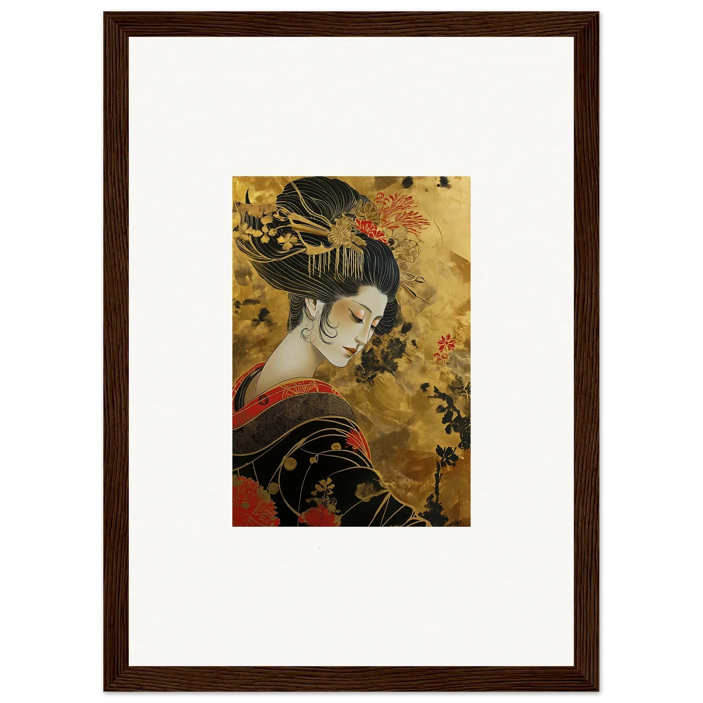 Traditional Japanese artwork of a geisha in kimono for Golden Celestial Whispers