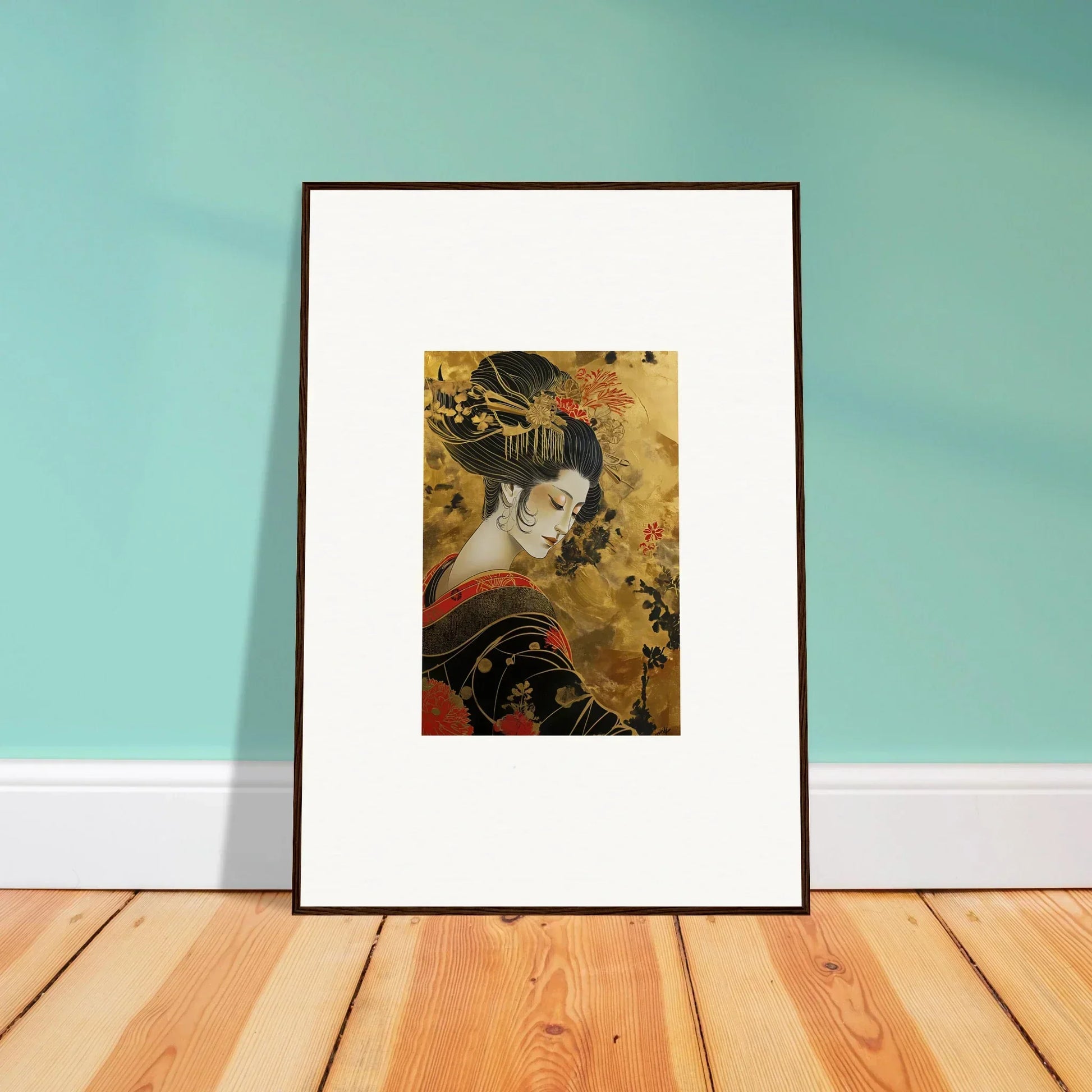 Framed Japanese Geisha artwork with matting in Golden Celestial Whispers special edition art™