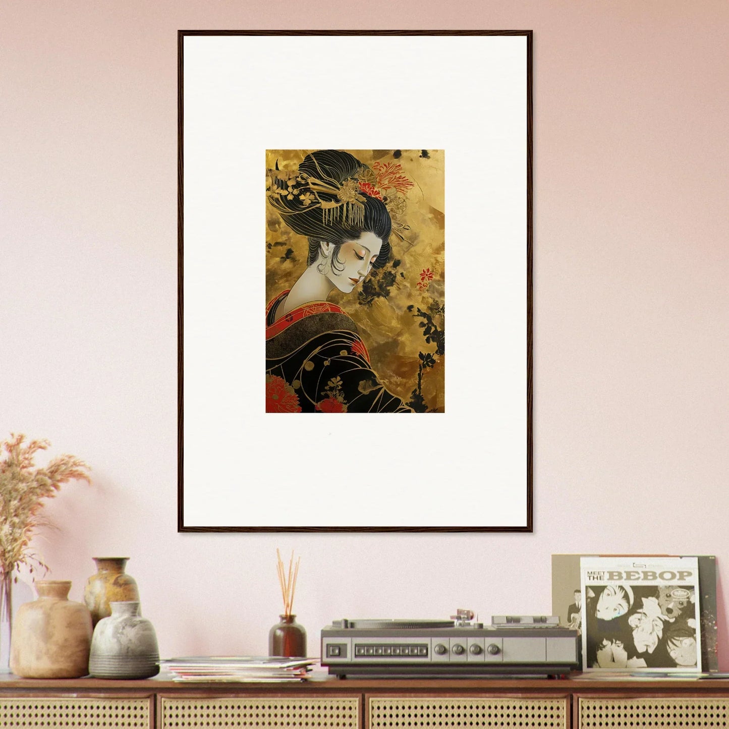 Framed Japanese geisha art on gold, part of Golden Celestial Whispers collection