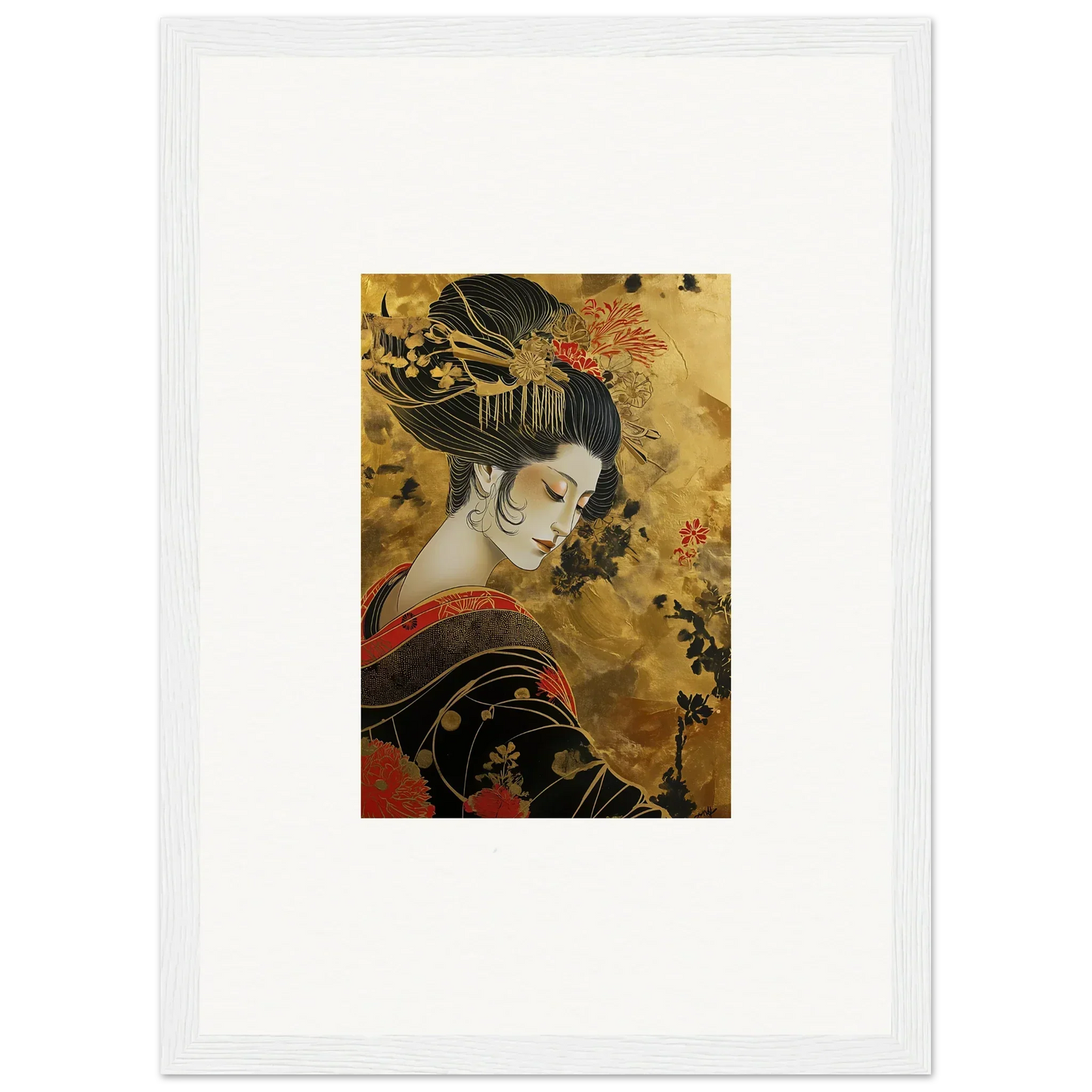 Traditional Japanese Geisha art with red kimono, perfect for Golden Celestial Whispers