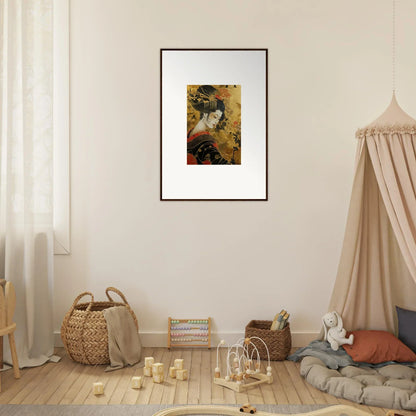 Framed Golden Celestial Whispers art in warm autumn tones mounted on a wall