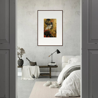 Framed Golden Celestial Whispers artwork with warm tones on a gray wall