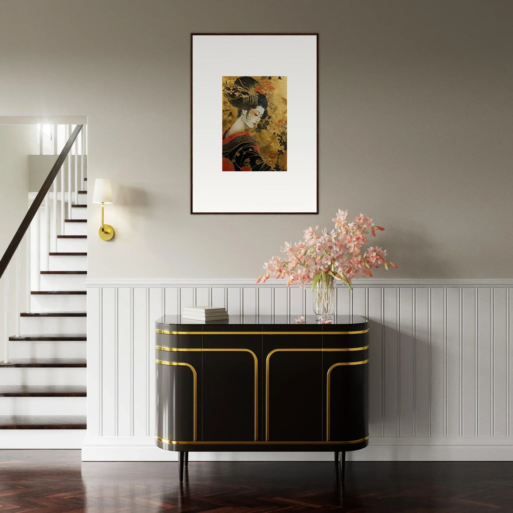 Black and gold Art Deco credenza with curved edges from Golden Celestial Whispers