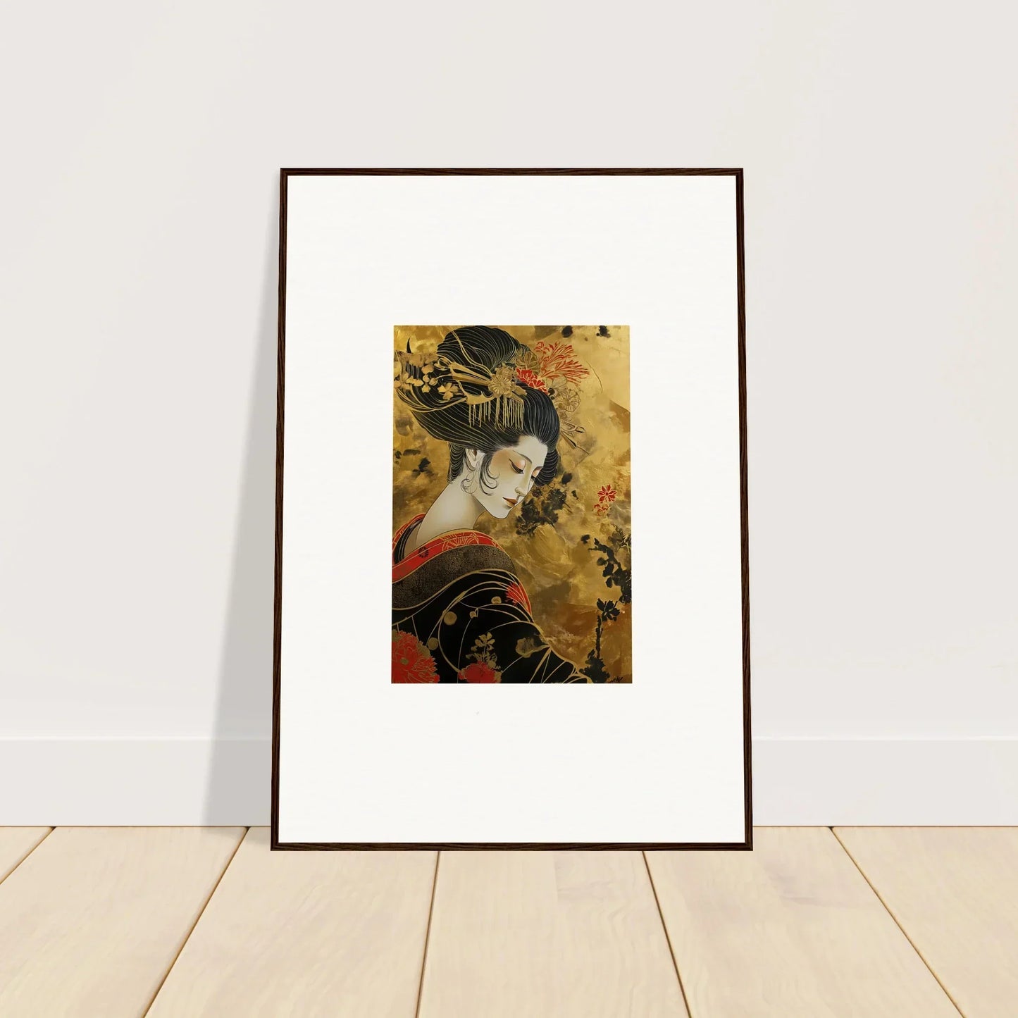 Framed Japanese Geisha artwork with a dark brown frame from Golden Celestial Whispers