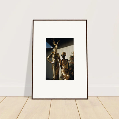 Framed photograph of two metallic humanoid figures in a standing pose.