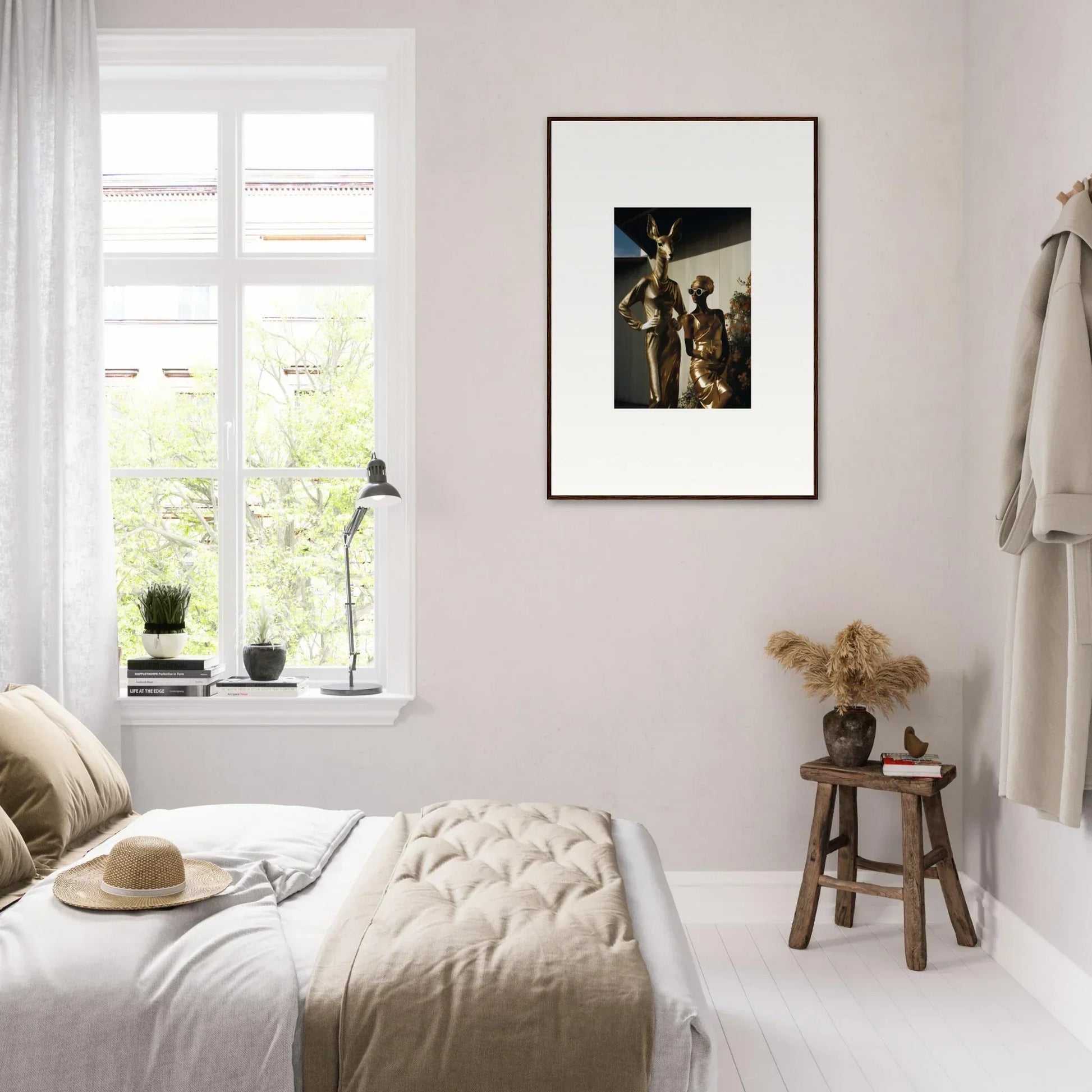 Cozy bedroom with neutral decor and a framed artwork on the wall.