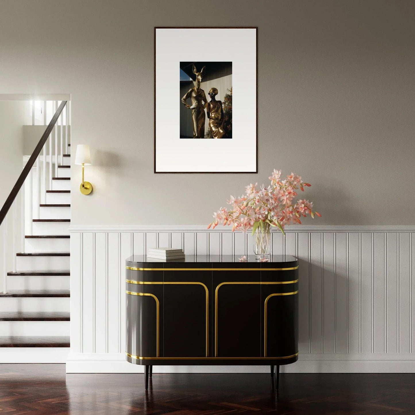 Elegant black and gold console table with curved edges and cabinet doors.