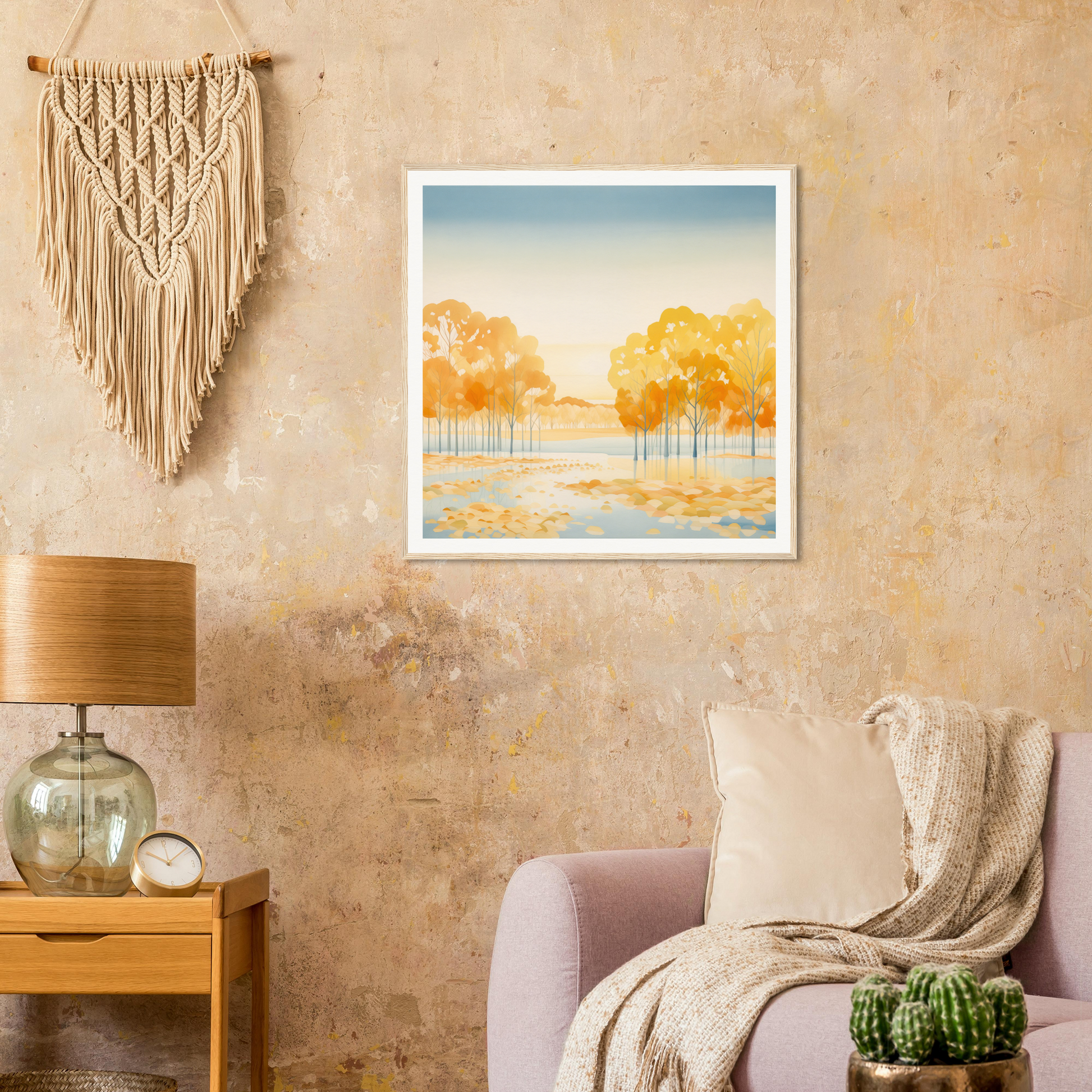 Framed watercolor of autumn trees in Golden Cosmik Reverie illuminated by sunlight