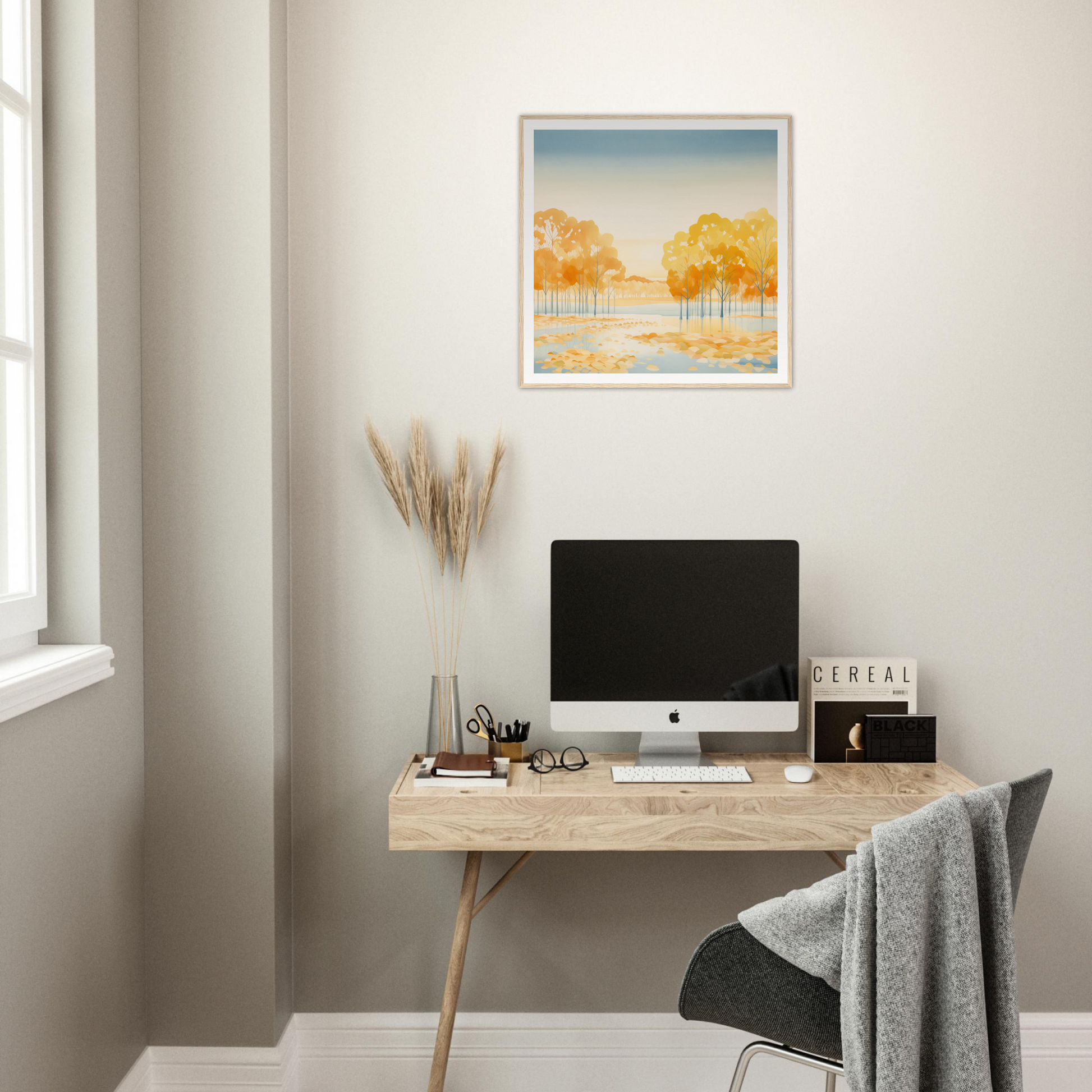 Wooden desk featuring an iMac and minimalist decor in Golden Cosmik Reverie style