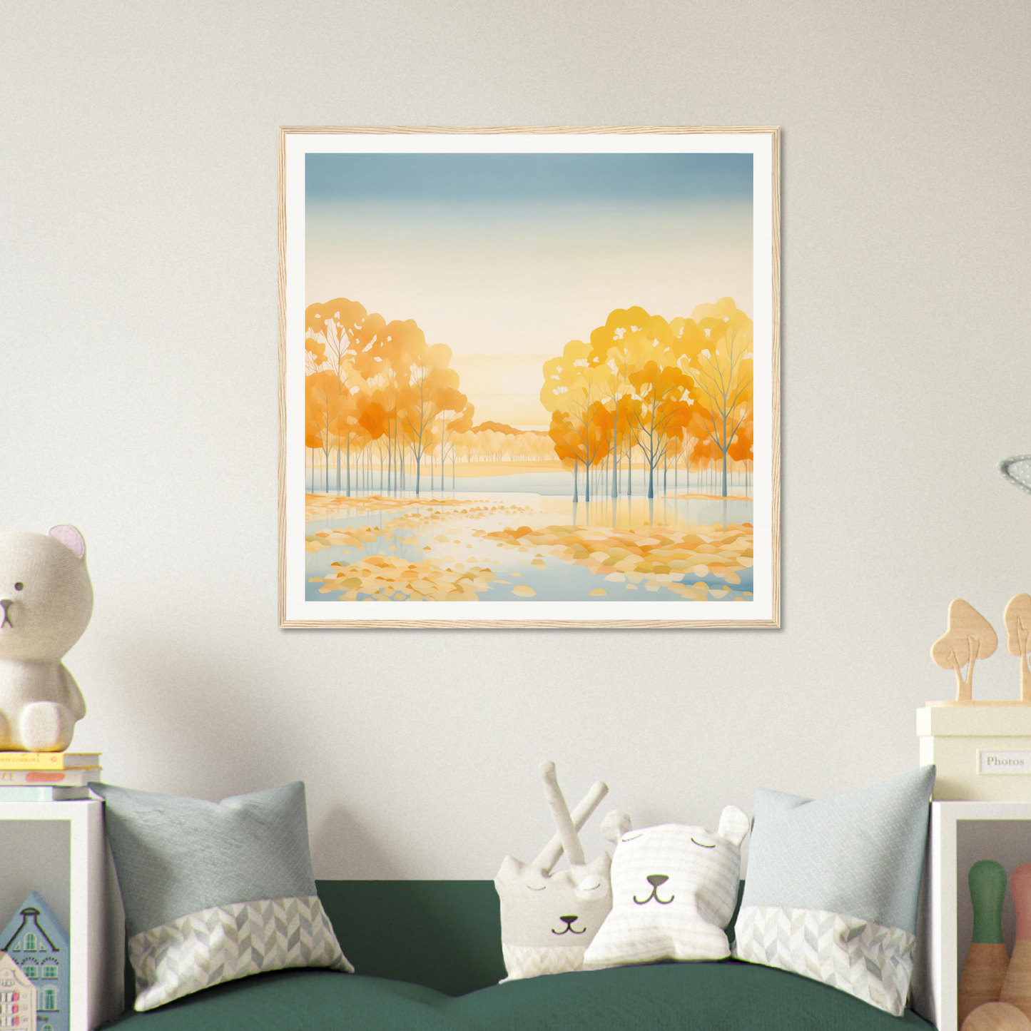 Framed watercolor of autumn trees near a stream in Golden Cosmik Reverie style