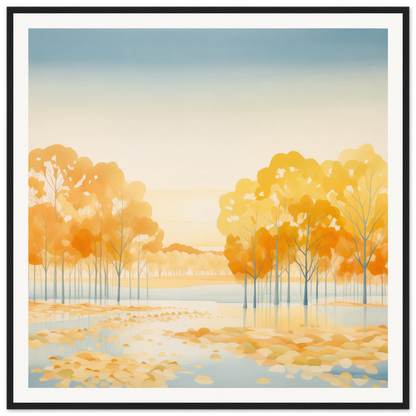 Watercolor painting of autumn trees in Golden Cosmik Reverie with golden-orange leaves