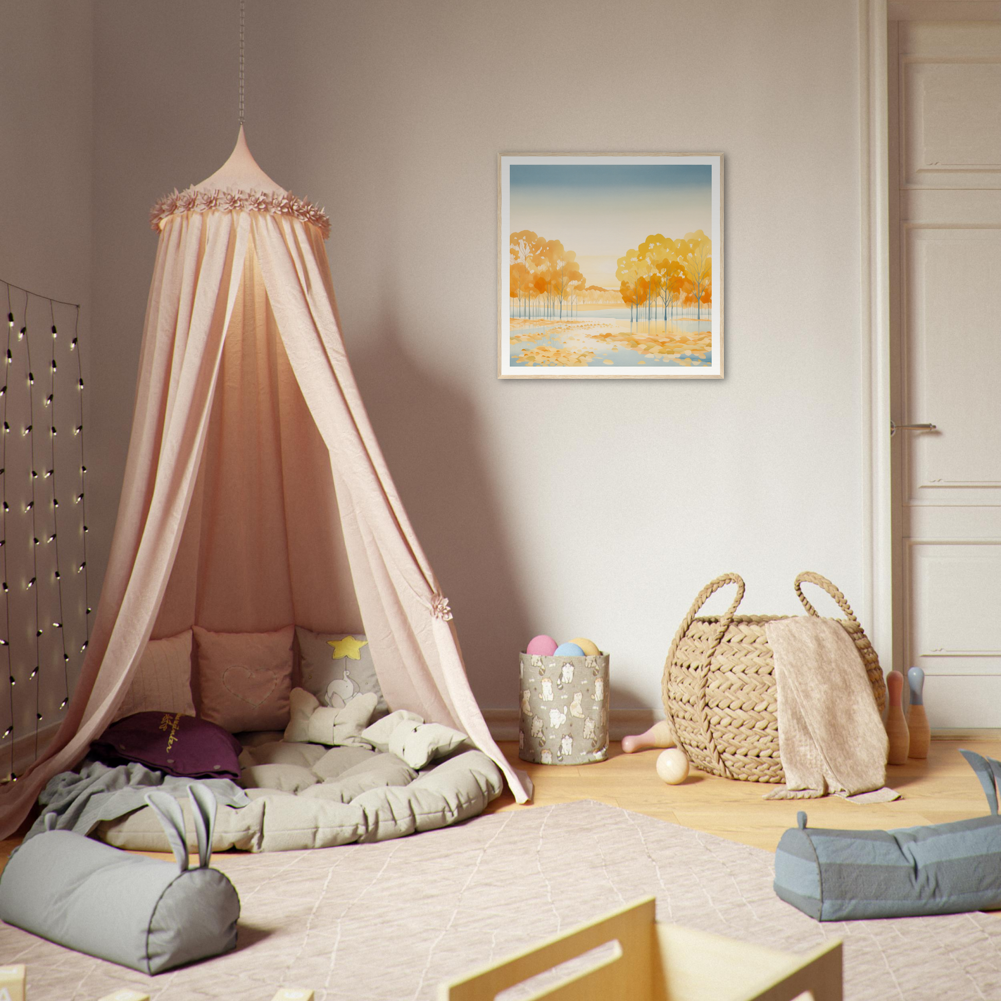 Pink canopy tent featuring draped fabric for a cozy nook in Golden Cosmik Reverie