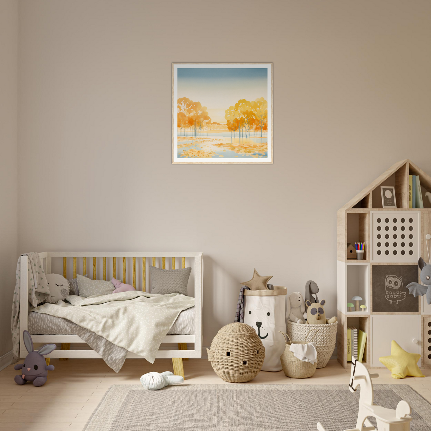 Wooden crib with gray bedding and yellow accents from Golden Cosmik Reverie