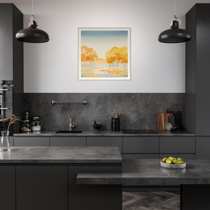 Modern dark gray kitchen featuring Golden Cosmik Reverie artwork and industrial pendant lights