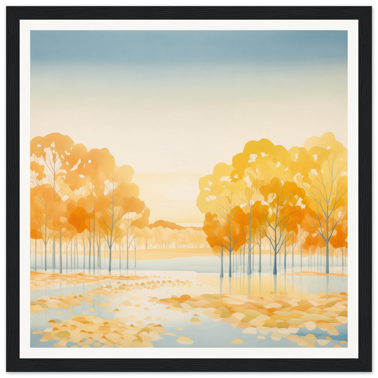 Watercolor painting of autumn trees reflecting in still water, Golden Cosmik Reverie