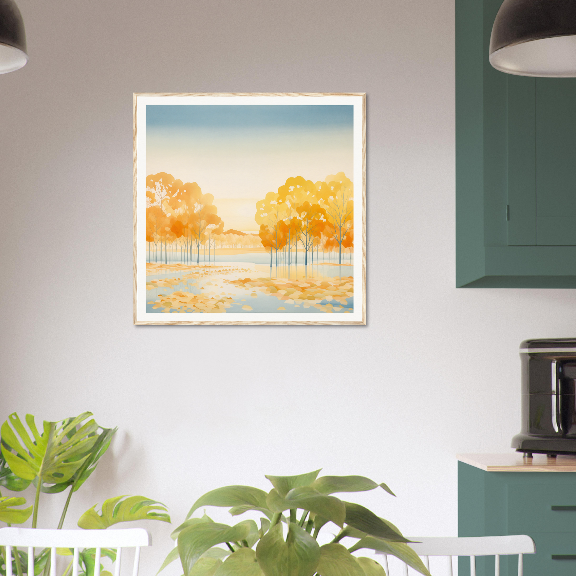 Framed artwork of golden trees in misty landscape, showcasing Golden Cosmik Reverie