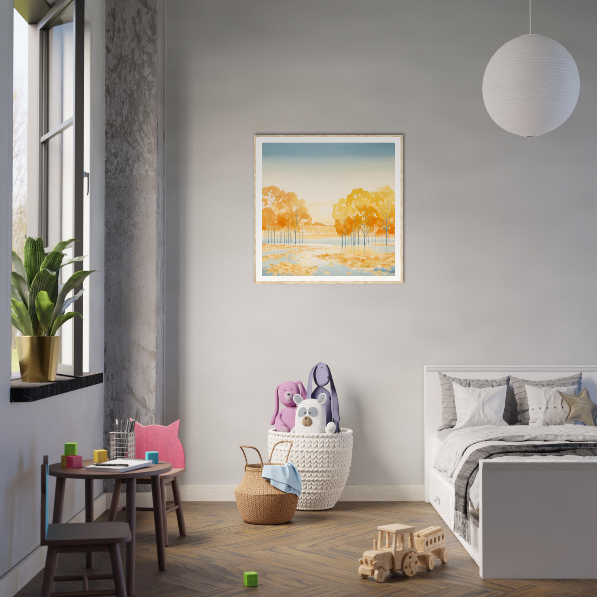 Modern bedroom featuring Golden Cosmik Reverie with grey walls and autumn artwork