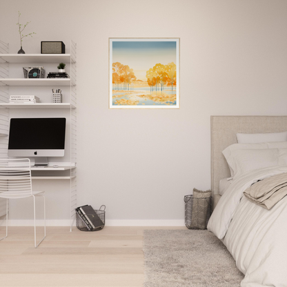 Modern bedroom with minimalist white decor and floating shelves from Golden Cosmik Reverie