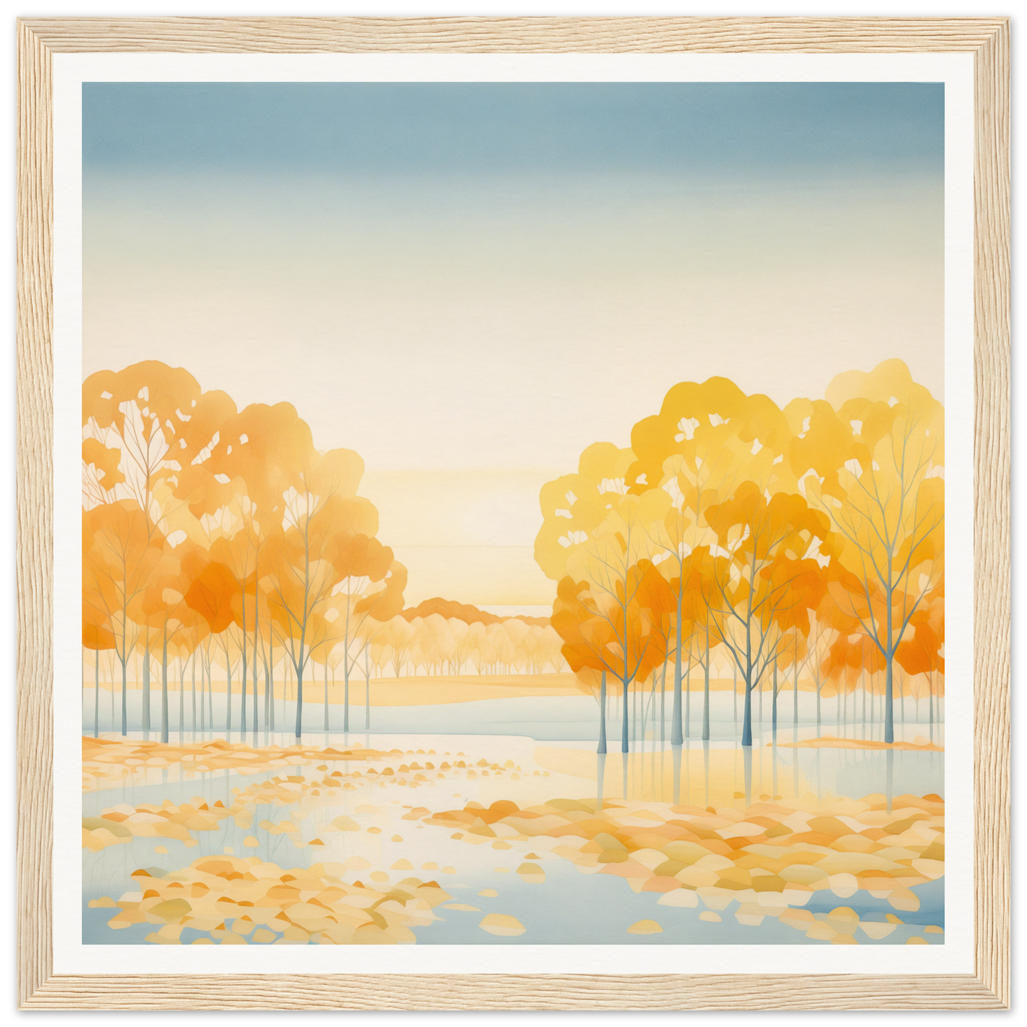 Watercolor painting of autumn trees in a pond from the Golden Cosmik Reverie collection