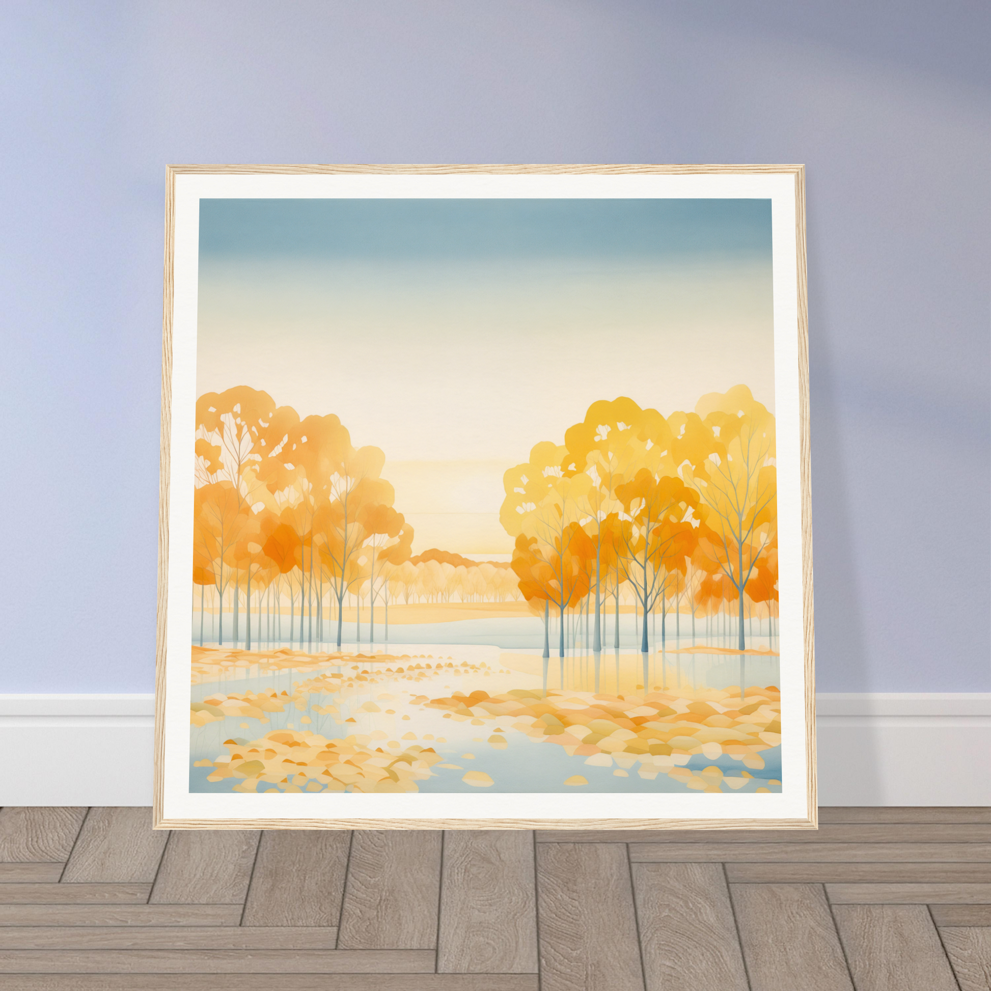 Framed watercolor painting of autumn trees in Golden Cosmik Reverie reflected in water