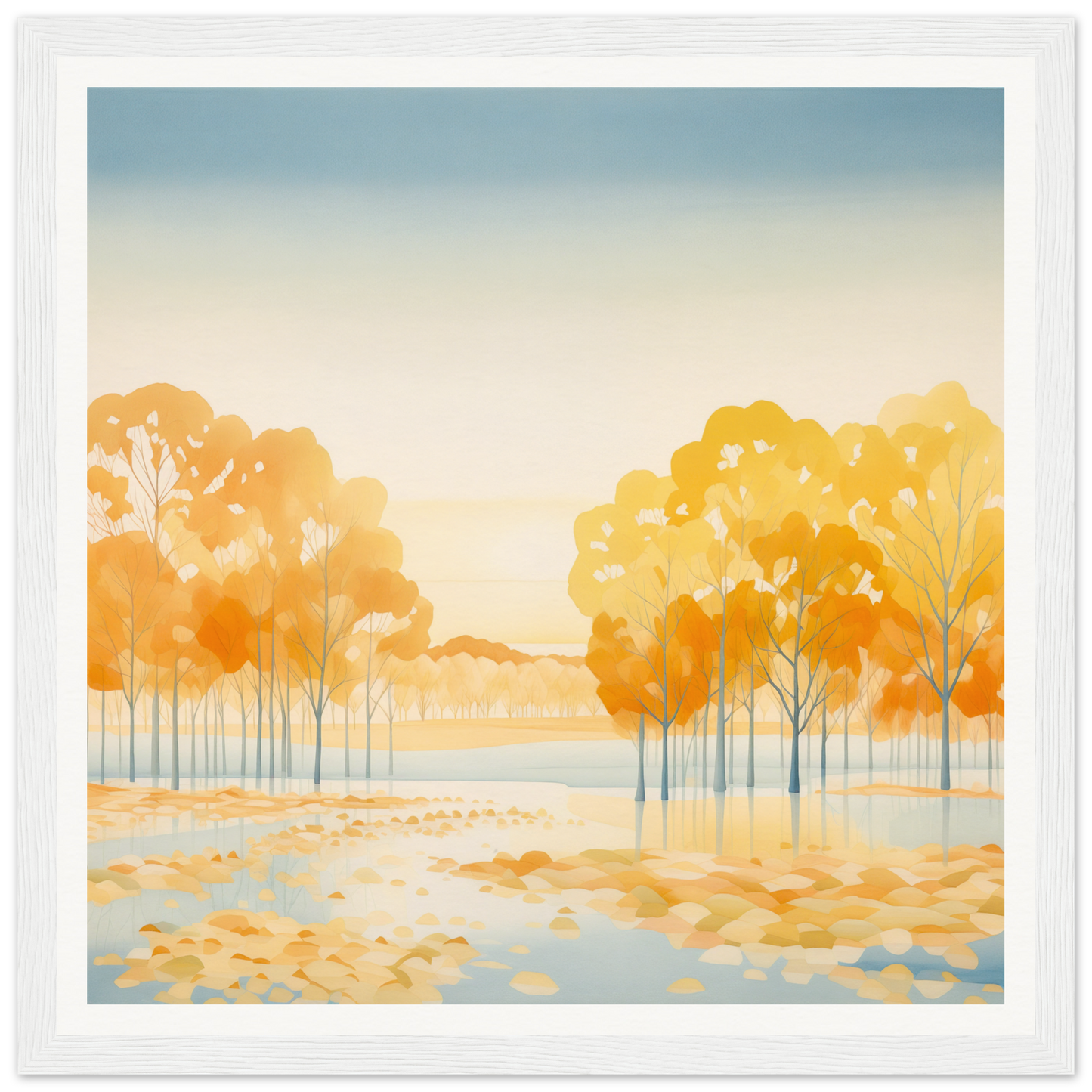 Watercolor painting of autumn trees in golden-orange foliage for Golden Cosmik Reverie