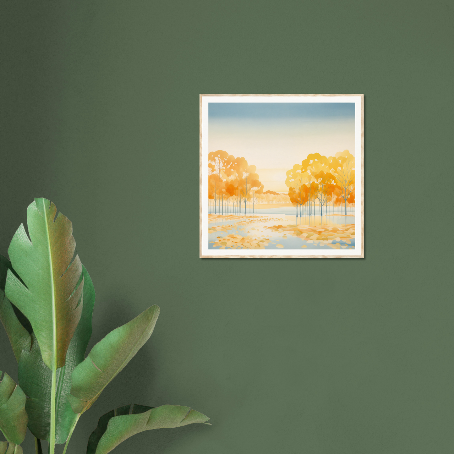 Framed watercolor painting of autumn trees in Golden Cosmik Reverie near misty meadow