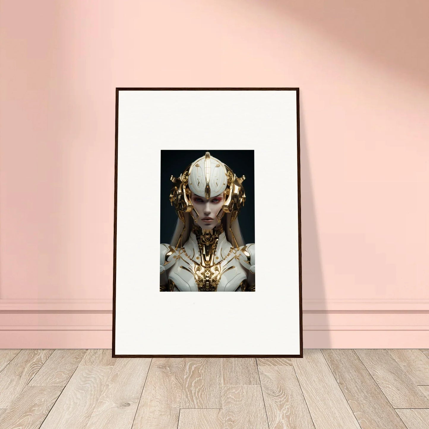 Framed canvas print of a futuristic humanoid for unique room decoration in Golden Dreamscend Eloquence