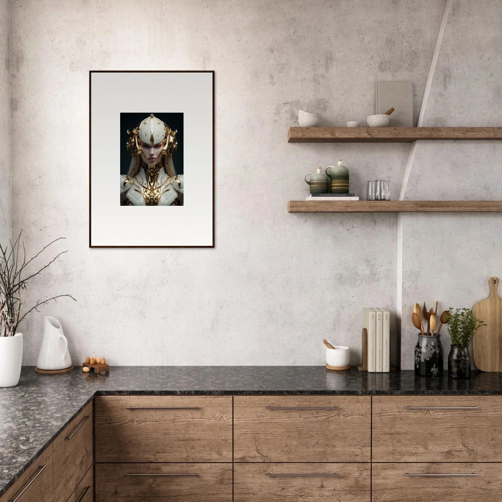 Modern kitchen with wooden cabinets, open shelving, and Dreamscend Eloquence canvas print