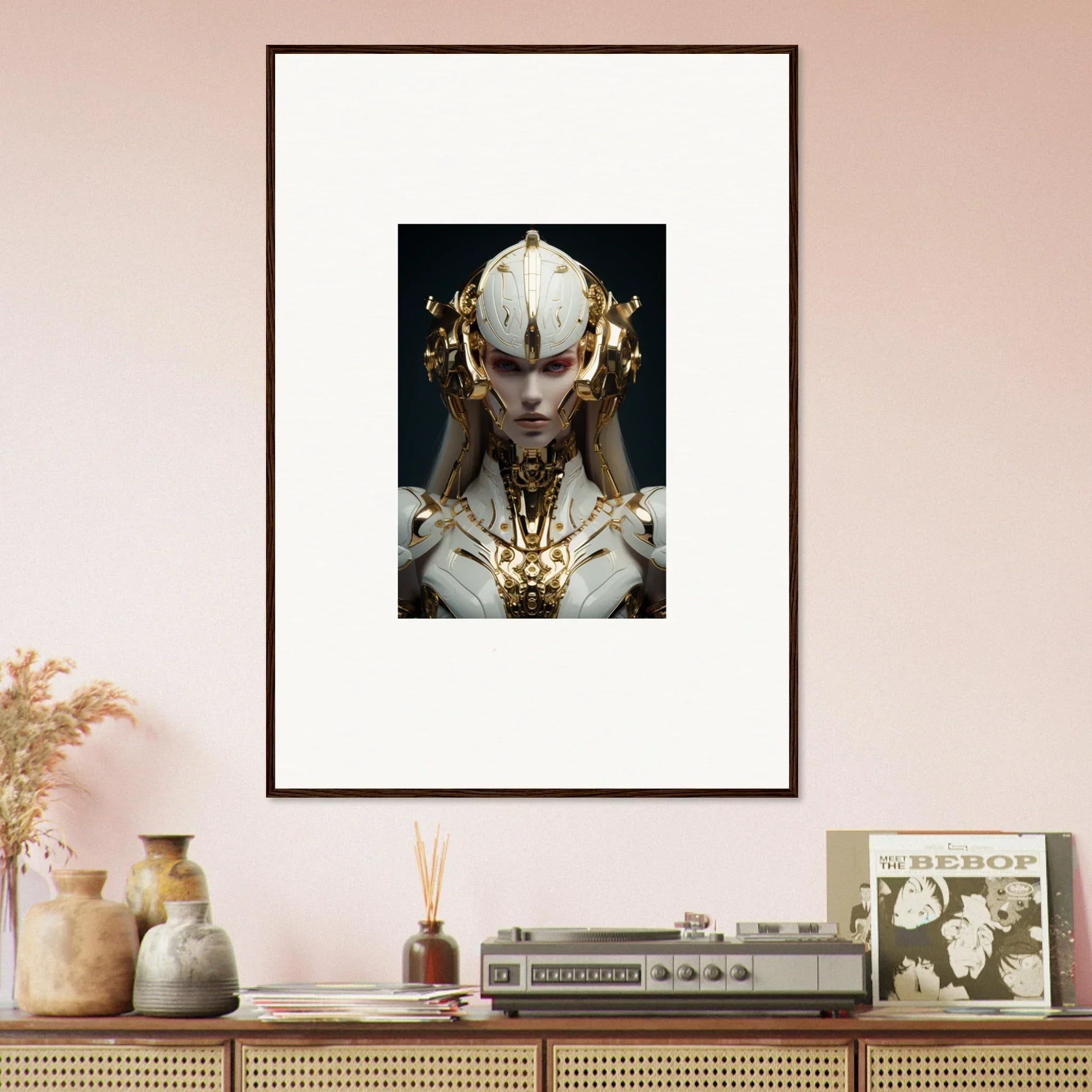 Framed canvas print of a surreal humanoid figure, perfect for dreamscend eloquence room decoration