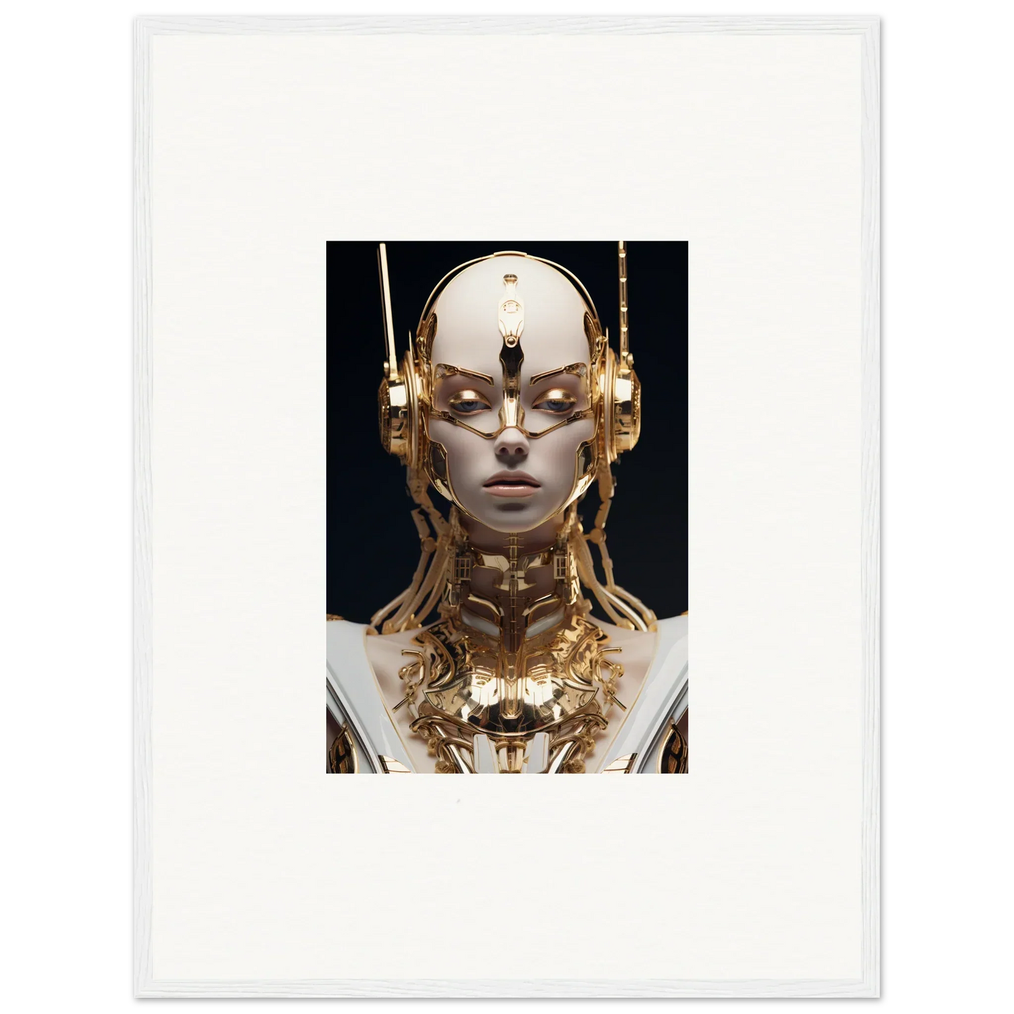 Futuristic humanoid robot with gold features, ideal for echo entity room decor art