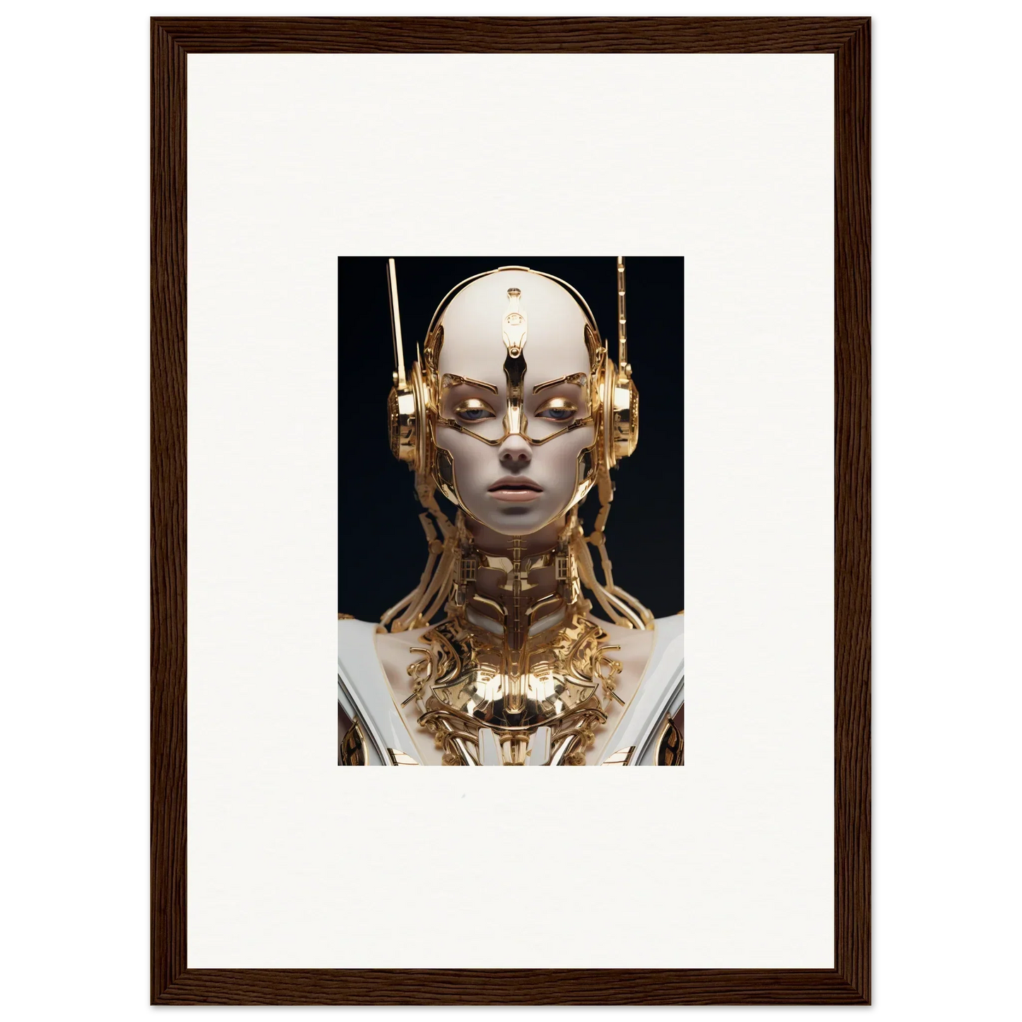 Futuristic humanoid robot with golden accents in Golden Echo Entity framed wall art