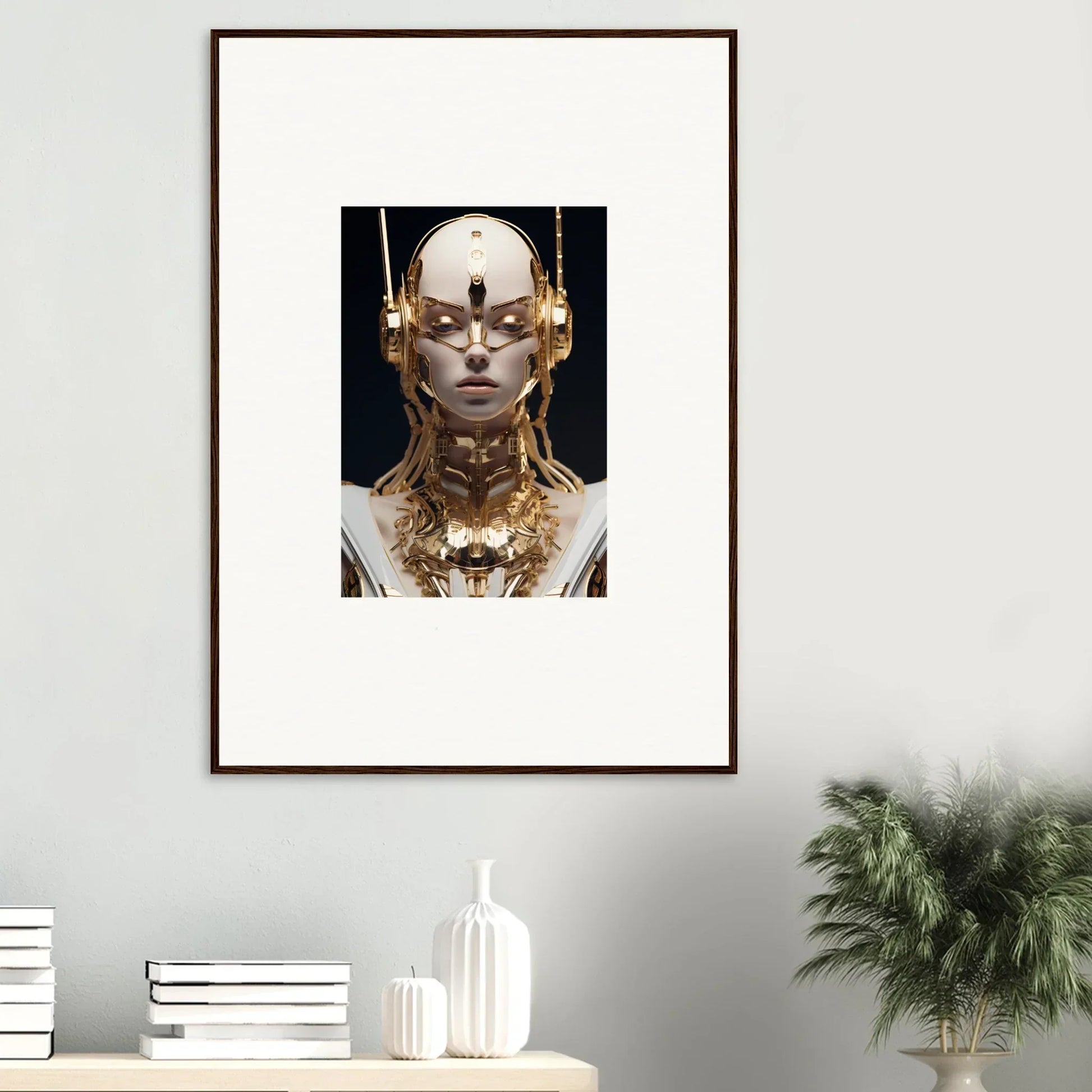 Framed wall art of a futuristic golden Echo Entity with ornate headdress for room decor