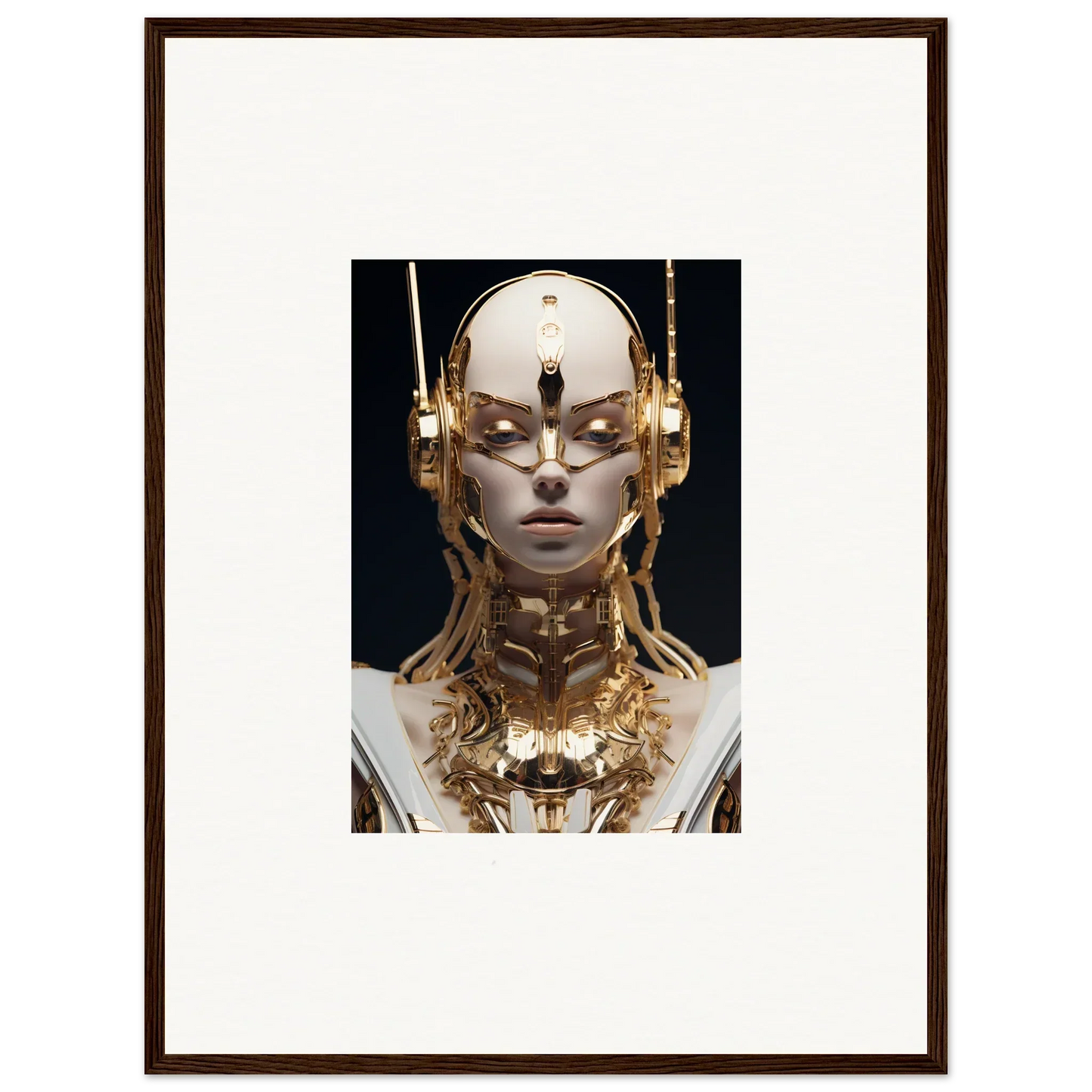 Futuristic humanoid figure with golden metallic elements for Golden Echo Entity wall decor