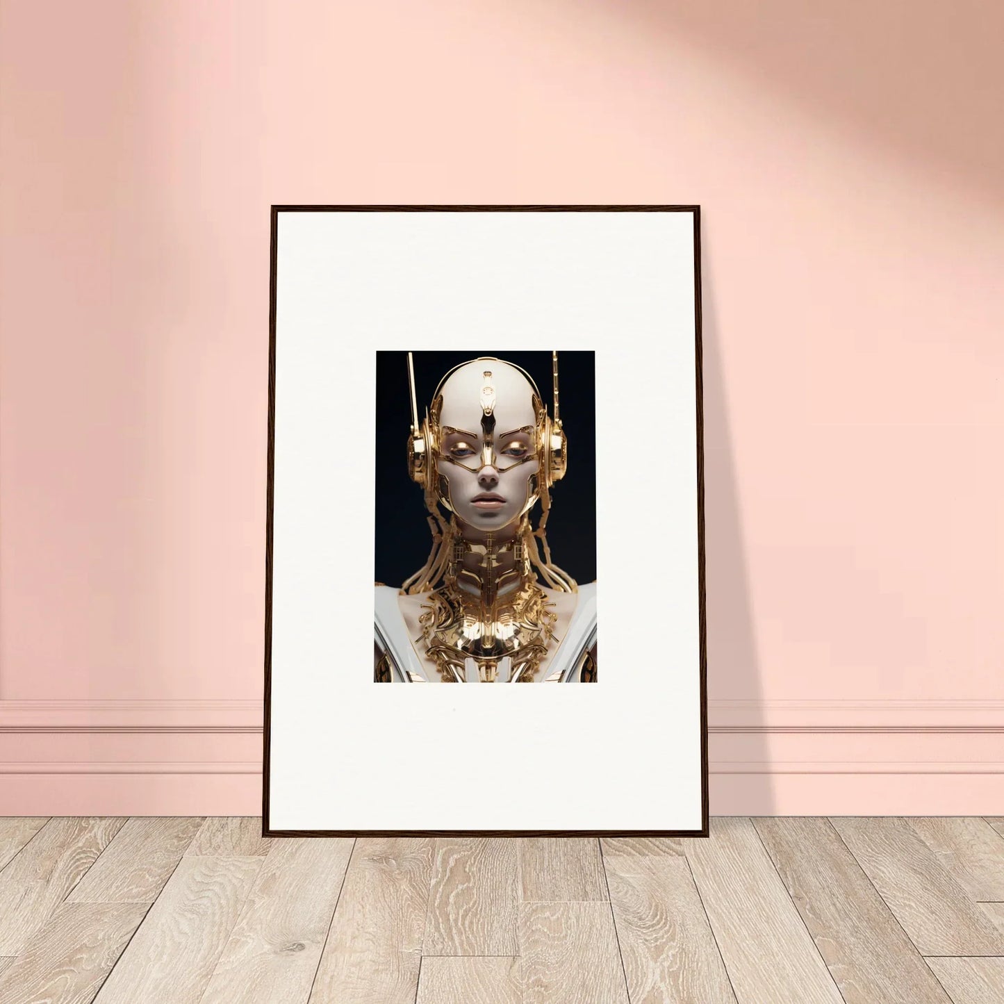 Framed wall art of Golden Echo Entity, a gold-adorned humanoid with a striking face