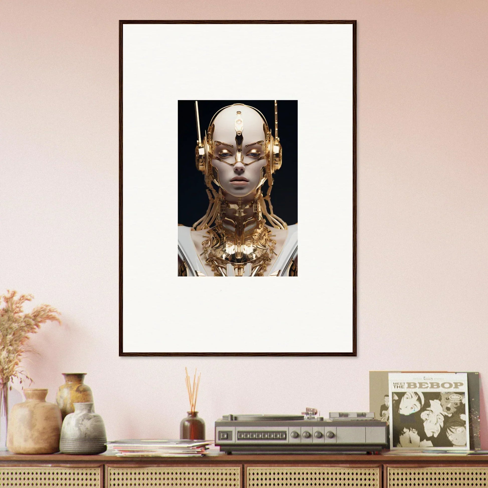 Framed wall art of Golden Echo Entity showcasing a futuristic humanoid figure with gold accents