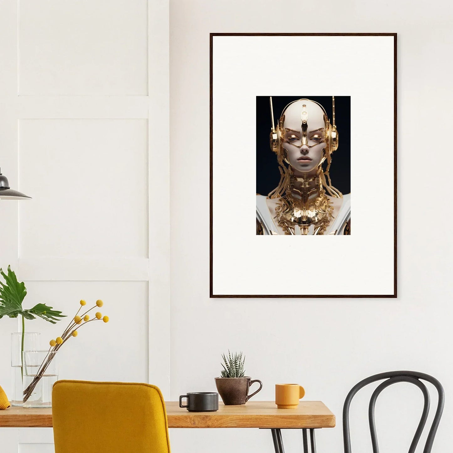 Framed wall art of a futuristic gold-adorned Echo Entity for stylish room decor