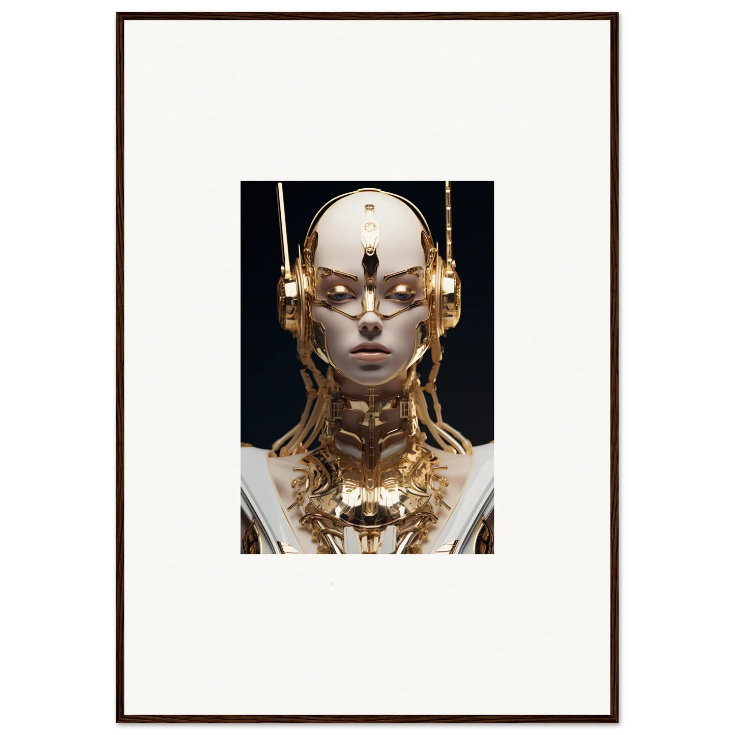 Futuristic humanoid figure with golden metallic accents in Golden Echo Entity wall art