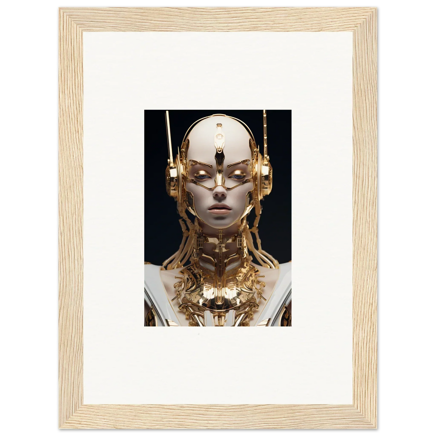 Futuristic humanoid robot decor for your space, Golden Echo Entity framed wall art