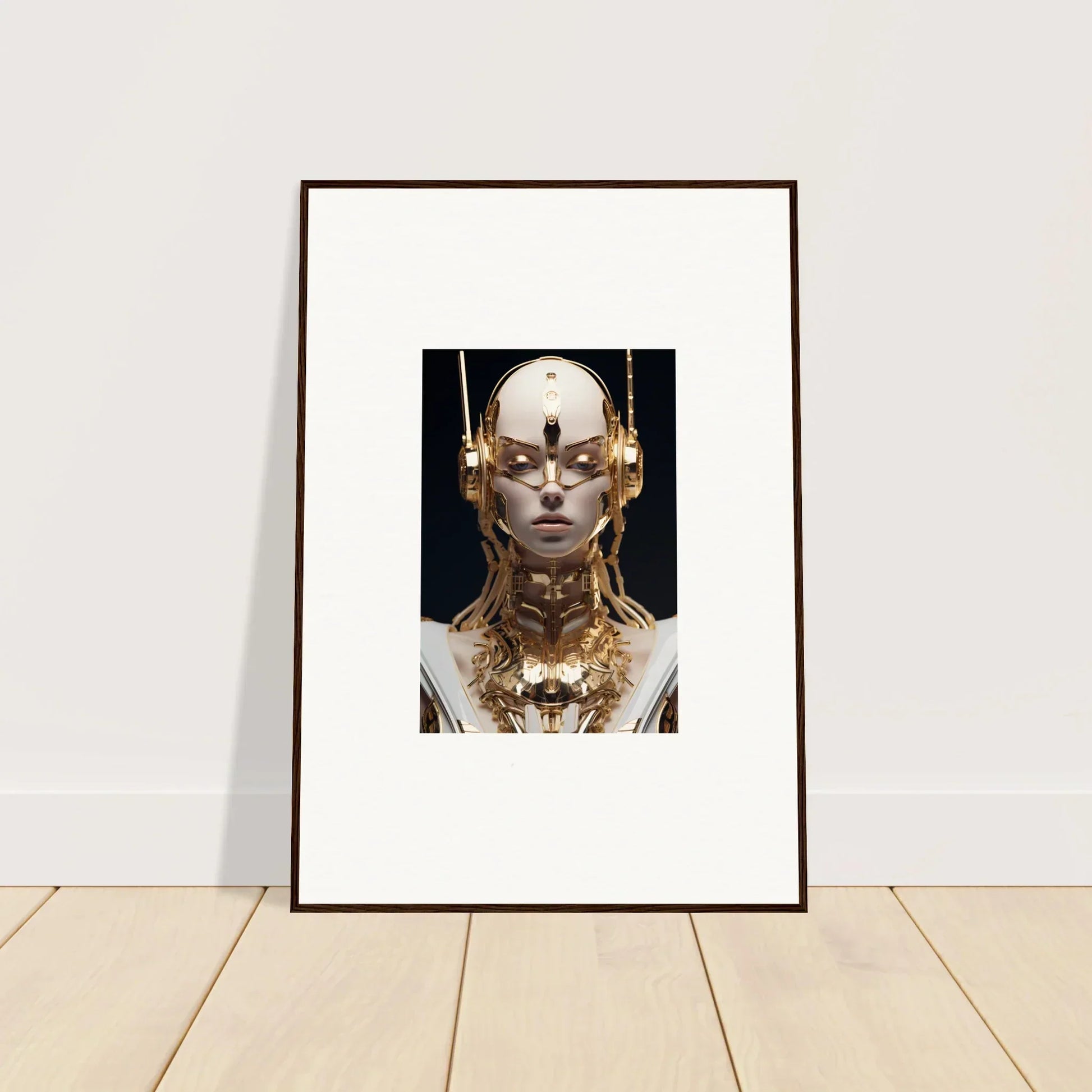 Framed wall art of a gold-adorned Echo Entity with closed eyes, ideal for room decor