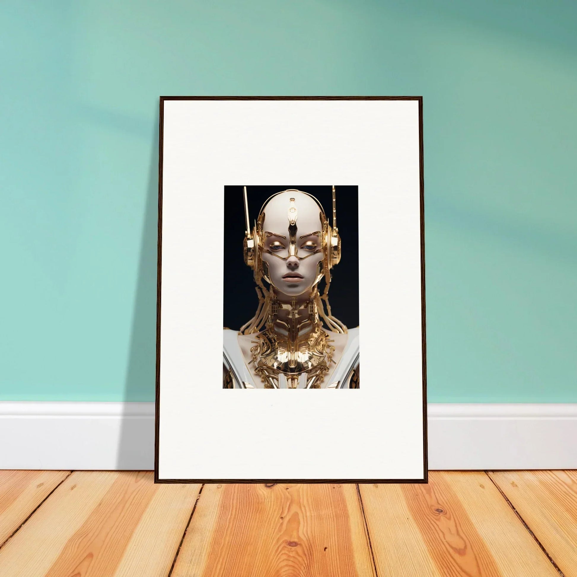 Framed wall art of a golden Echo Entity with ornate headdress for stylish room decor